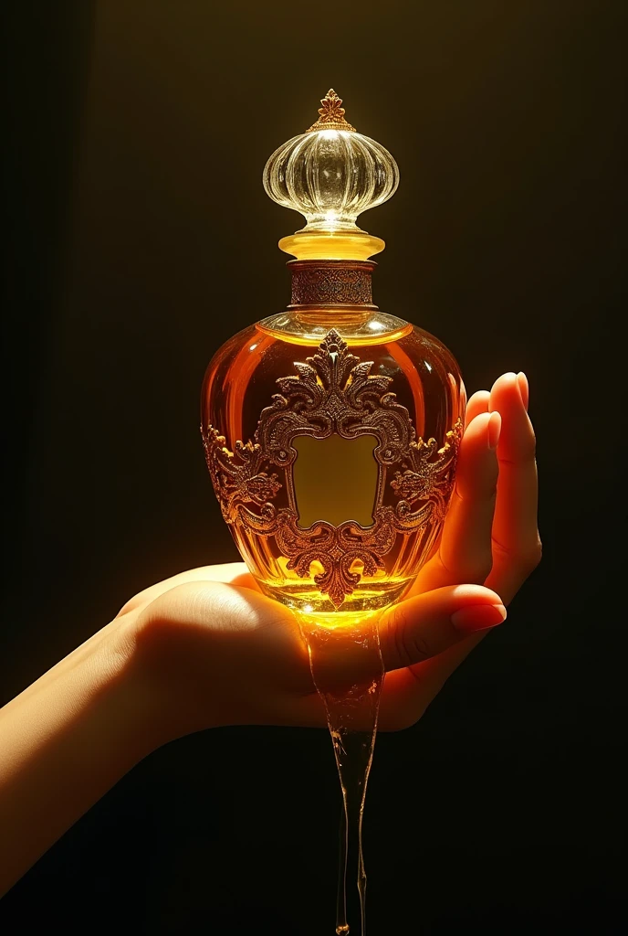 hand bathed in lots of honey holding an elegant perfume in dark tones
