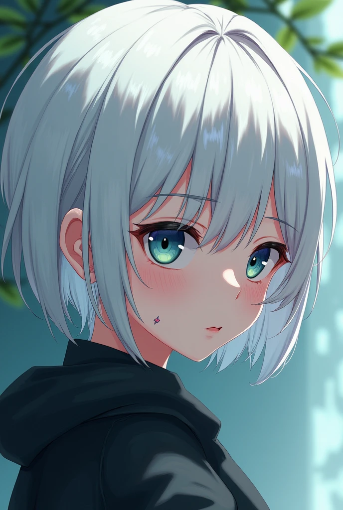 anime style, young adult woman, with one blue eye and one green eye, short white hair, with scar The image shows a melancholic aura