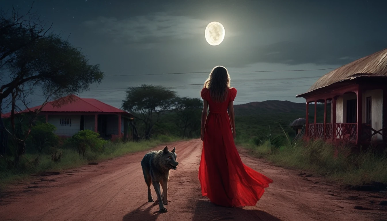 Brazil, night, moon, woman with werewolf face, sharp claws, red eyes, red dress, is in front of a house, dirt road, caatinga. Photo realistic, movie scene, 4k.