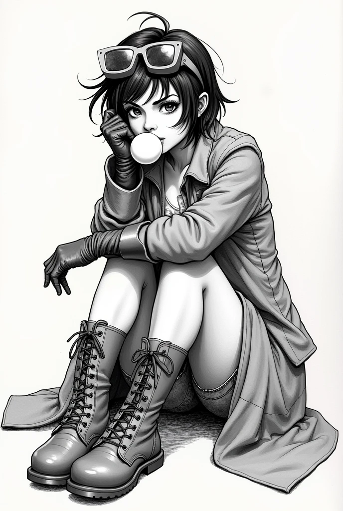 Visualize the X-Men character JUBILEE as a rough sketch in the style of comic artist Jim Lee.
Shoe should sit on the ground pouting. JUBILEE is an Asian age with short hair, a coat with rolled up sleeve, long gloves, boots and denim shorts and a 80's syle sunglasses which that sits  on the top of her head that has the shape of Bret Harts icons sunglasses. She has to blew a bubblegum bubble 