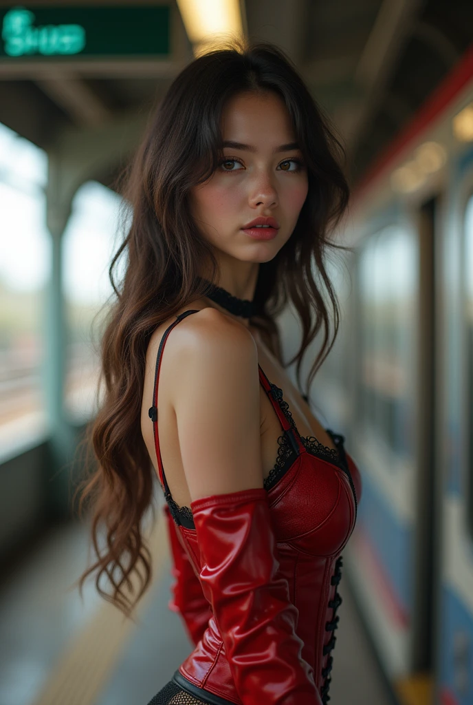 Divide Ratio : 1,1,1 Base Ratio : photo (1 girl: 1.4) 22 years old (at the train station:1.3),(perfect female body:1.4),(perfect proportions),(anatomically correct:1.3),(details of a very beautiful face),((Ultra-realistic最high quality))highres 32k,(photo realistic),((sharp focus)),vivid colors,(ray tracing,cinematic lighting,[[backlighting]]:1.3),(Beautiful girl with long legs and good style),(white,eye-catching latex lace-up over-the-knee boots:1.4),(best quality real texture skin:1.3),(firm normal full breasts:1.35),(very beautiful face:),(realistic face),(Increase quality),(highly Details face)),open mouth,(Double eyelids),(highly details eyes),(finely details face),finely quality eyes,(tired and sleepy and satisfied:0.0),(Fearless look),((brown_eyes)),((highly detailed makeup on eyes)),(best quality texture hair),(best Details hair),(brown_hair:1.4),(random hair color:1.),(random hairstyle),BREAK,(highly Details lips),(red_lipstick:1.15),(perfect dark_eyeshadows:1.3),BREAK(highly Details nose),Wear an off-shoulder top, full bodyesbian,((Red-black pleated mini skirt)),(Lace-up corset (lacy red or crimson) silked:1.4),((Versace silked bustier top:1.4)),((lace-up:1.2),fishnets,(chain),(highly elaborate extravagant microscopic street outfit:1.2),(small head:1.4)(slim face),(Lively,Active,vivaciousness)),(no_Pantise),(Erotic:1.4),BREAK,(long blue_eyeliner:1.25),((cowboy shot, wide shot))