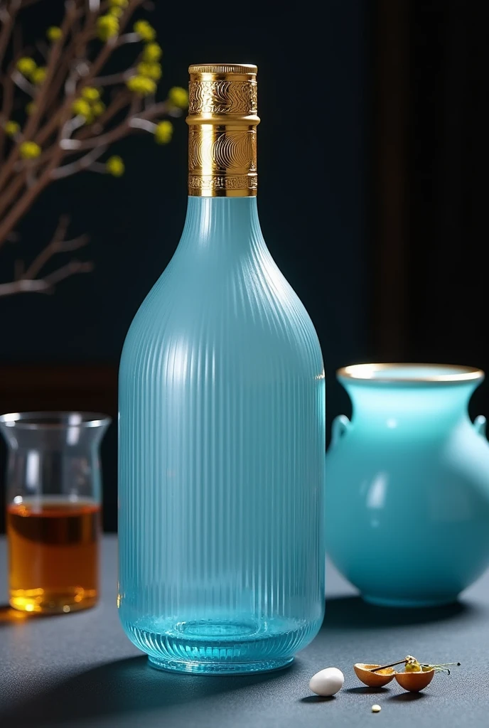 A wine bottle，Chinese Wine Pot，Light blue glass material，Gao Yade，high quality，Gold bottle cap，There are lines