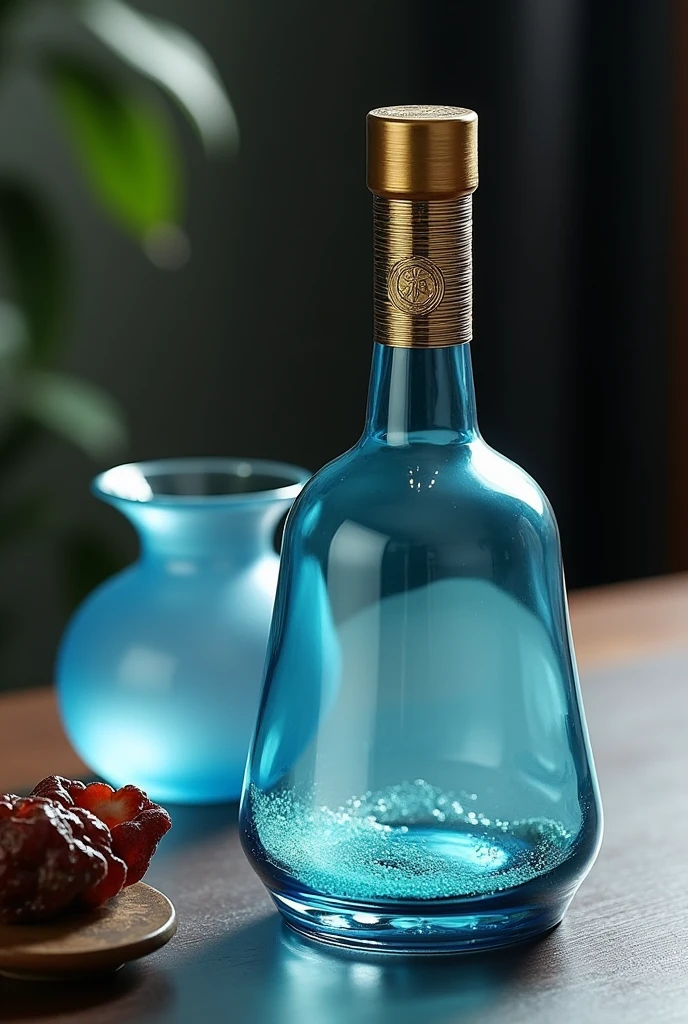 A wine bottle,Chinese Wine Pot,Light blue glass material,Gao Yade,high quality,Gold bottle cap,There are lines
