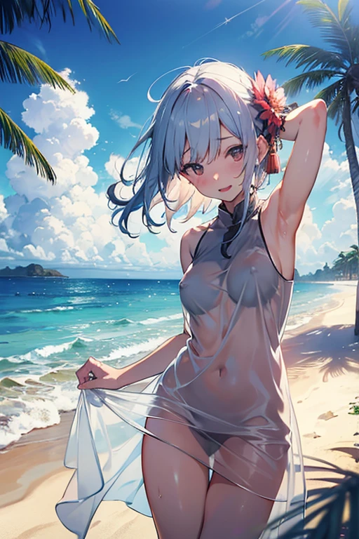 1girl,  (ChinatsuKano),
nsfw, bottomless,　Baggy white T-shirt, smile,Open your mouth, embarrassed, see-through silhouette, sweat,Dripping water,My whole body is wet,heavy breathing, humid, fog,(Stuffy armpits:1.2), Cumulonimbus,Surrounded by water, reflection,Breathtakingly beautiful clouds,Light,Dazzling Light,Cinematic Light.The wind is blowing,Vast ocean, White sand beach,Coconut Tree,Sparkling Splashes,Shallow seas,I&#39;m on the beach,