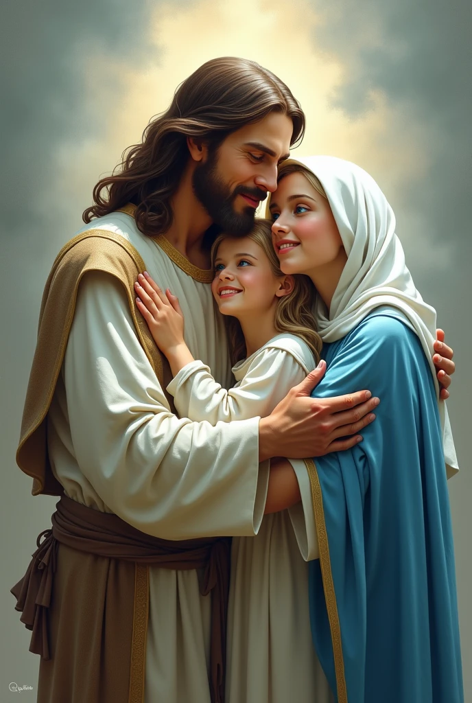 three people, sendo elas: JesusChrist, Our Lady of Fatima and one hugging each other, being the one with blue eyes and light hair