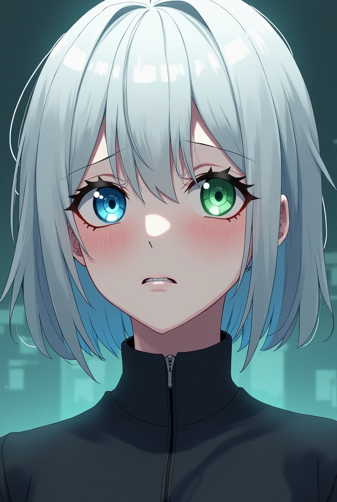 anime style, young adult woman, with one blue eye and one green eye, short white hair, with scar The image shows a melancholic aura
