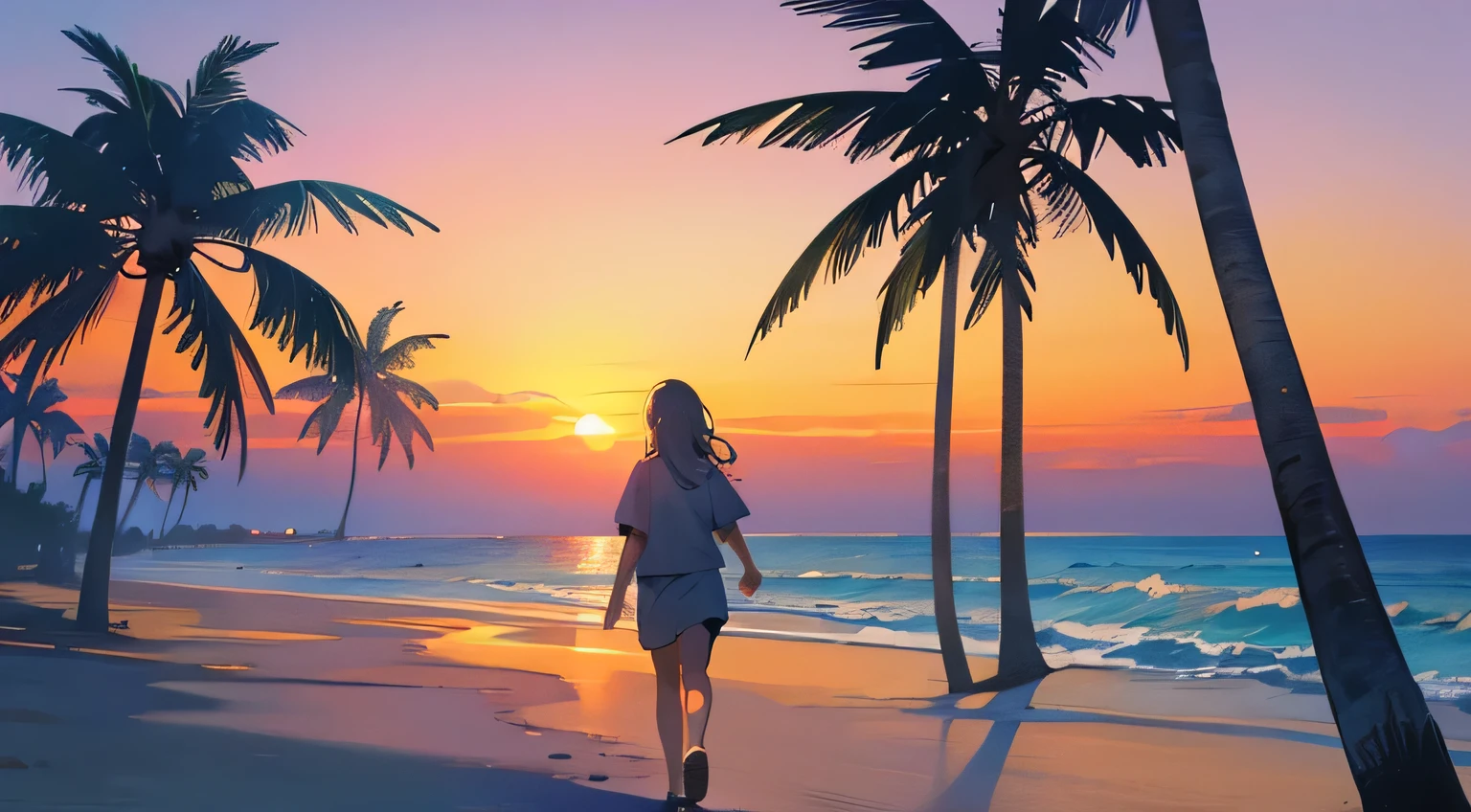 summer,blue ocean,beach,palm tree,hanmmok,sunset,walk