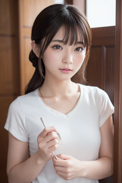 高品質in超リアルなポートレート。彼女は小さく繊細な顔立ちin、I have a slightly round face shape。Her expressive almond eyes gaze kindly and warmly..、私は眉毛が強いinす。肌は無垢in透き通るような白さin、It has a natural shine。(彼女の髪は茶色inピクシーカットinす.:1.3)in、シンプルinエレガントに整えられています。メイクはナチュラルin、Light foundation and subtle blush、Uses a soft pink lip color。ライティングはソフトin自然な光を使用し、Accentuating facial features、Do not emphasize shadows。背景はシンプルinぼかしたグラデーションin、Focus on the face。