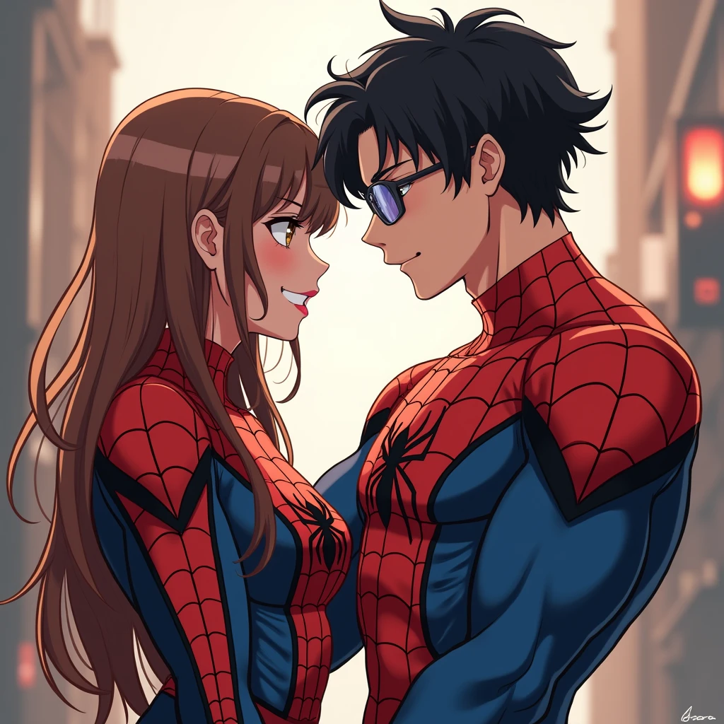 anime art: marvel art style, a 18-year-old male with dark fadeout hair and glasses, wearing spider superhero outfit, he is showing off his armpit to his girlfriend