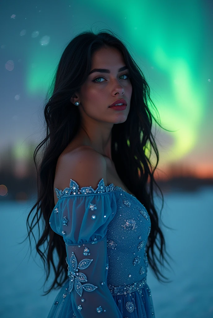 A woman with skin the color of chocolate, with green eyes, 精致的面容, fleshy and red mouth, long, wavy black hair, with a long blue dress that looks like the starry sky, that fits perfectly on your guitar body. With the aurora borealis in the background in warm colors With the title: Ukan - In Search of Truth