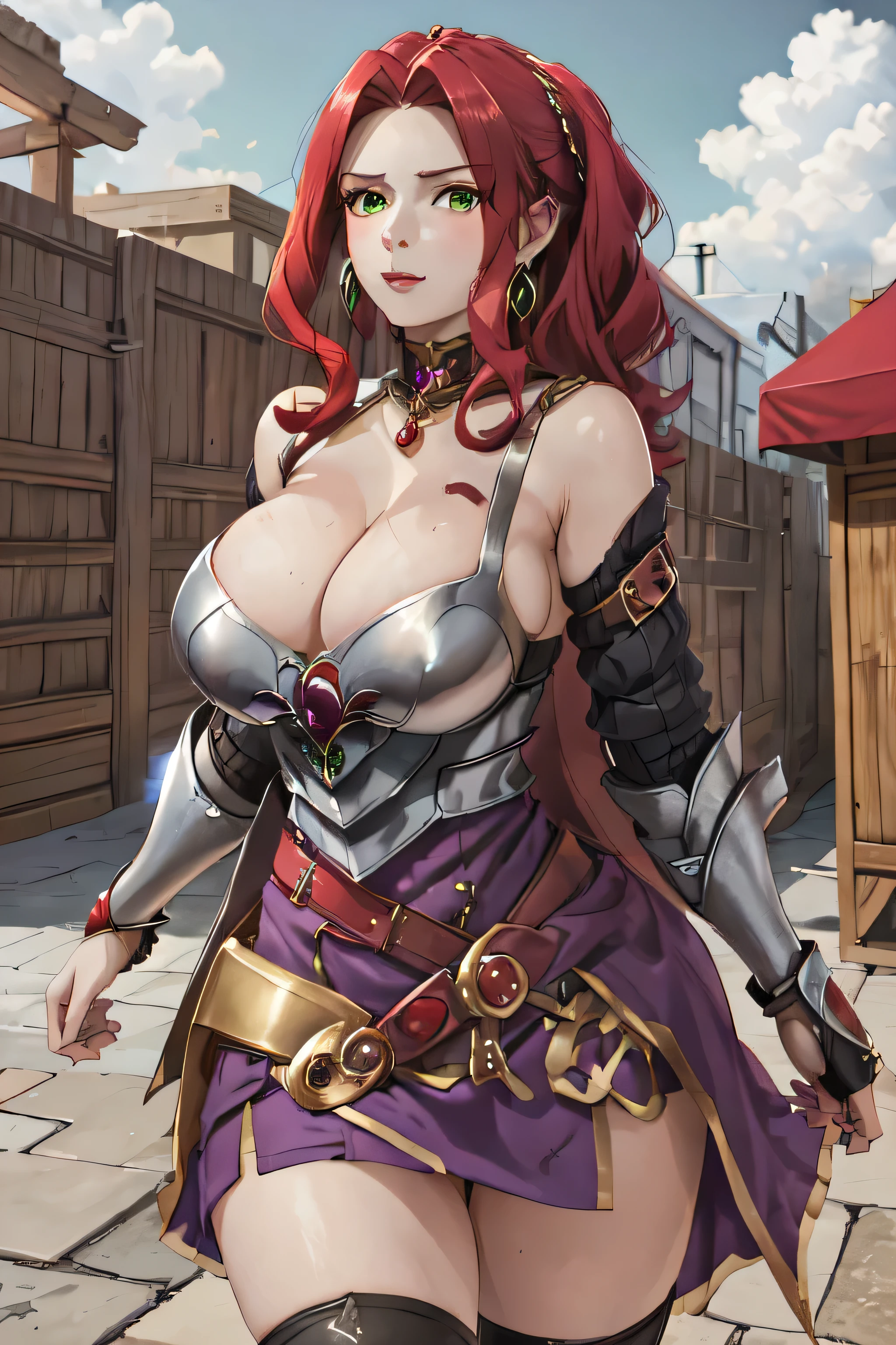 malty melromarc, upper body, 1girl, red jewelry, green eyes, red hair, steel armor, belt, cleavage, bare shoulders, purple skirt, looking at viewer, big breasts, huge breasts, masiv breasts, enormus breasts, gigantescos pechos