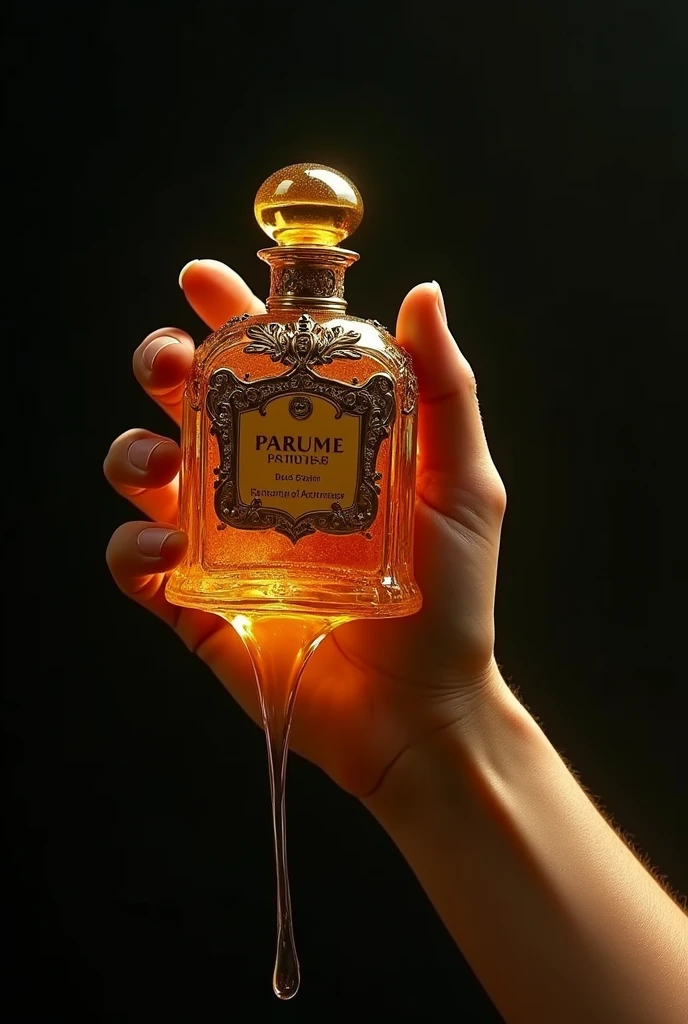 hand bathed in lots of honey holding an elegant perfume in dark tones