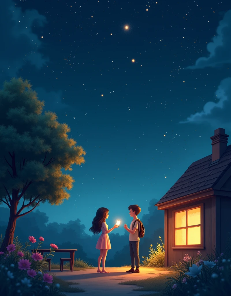 (((The night sky should be filled with shining constellations, Create a dark and mysterious atmosphere, A sky full of bright stars))),Picture of an animated couple,night,(Starry sky:1.5),(Bright stars:1.5),Female figure in a picturesque garden,Male figure in a cozy private room,Have lively chats via universal messaging apps,This picture should be lovely,Charming charm,Couples having a pleasant conversation in their respective locations
