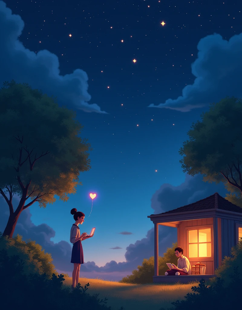 (((The night sky should be filled with shining constellations, Create a dark and mysterious atmosphere, A sky full of bright stars))),Picture of an animated couple,night,(Starry sky:1.5),(Bright stars:1.5),Female figure in a picturesque garden,Male figure in a cozy private room,Have lively chats via universal messaging apps,This picture should be lovely,Charming charm,Couples having a pleasant conversation in their respective locations