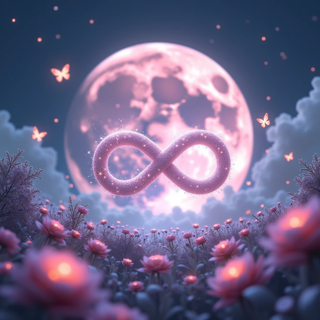 High resolution, masterpiece, Highest quality, High detail, Infinity、symbol、Infinity Mark、煌めくstarでできている輝くInfinity Mark、mysterious、myth、大きなPale pinkの月の背景、Sparkle、Night Sky、Close-up, Wide angle, 
Night Skyに煌めくstarの中に輝くInfinity Mark、Behind the mark is a big pink moon、star、star空の下には薔薇、Pale pink、Light color、Glowing Butterfly、roseの花園、rose