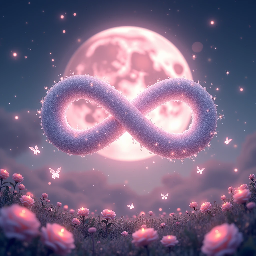 High resolution, masterpiece, Highest quality, High detail, Infinity、symbol、Infinity Mark、煌めくstarでできている輝くInfinity Mark、mysterious、myth、大きなPale pinkの月の背景、Sparkle、Night Sky、Close-up, Wide angle, 
Night Skyに煌めくstarの中に輝くInfinity Mark、Behind the mark is a big pink moon、star、star空の下には薔薇、Pale pink、Light color、Glowing Butterfly、roseの花園、rose