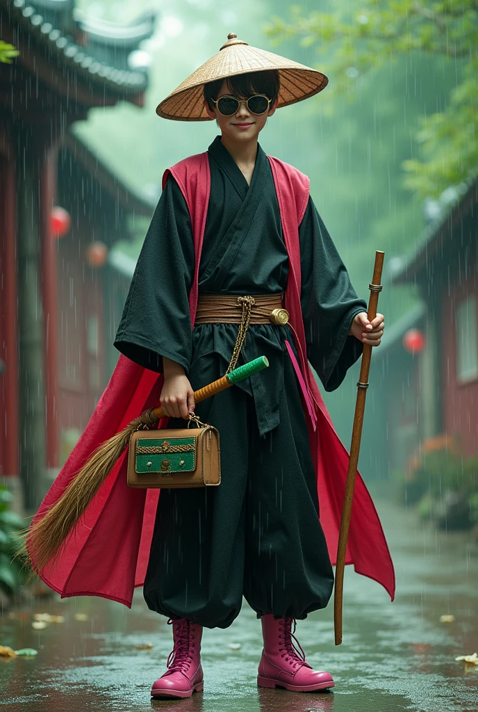 15 year old male kong fu fighter in black kimono in the rain holding a green destiny sword in the other hand a broom with straw hat and pink boots, with a prada bag, red cloak, Grinning, waving goodbye with sunglasses