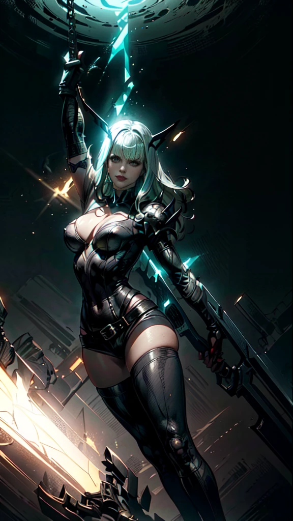 A full body portrait of Magik of X-men, Illyana Rasputin, with long white hair, piercing blue eyes, wearing a low cut unitard with high cut legs, tight thigh high boots, holding a glowing magical sword in a side view, making a huge overhead swing of the sword, in a mystical realm with swirling energy, best quality, 8k, highres, masterpiece, ultra-detailed, concept art, dark fantasy, digital painting, dramatic lighting, cinematic, intricate details, ethereal, otherworldly atmosphere