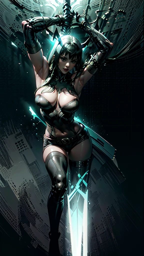 A full body portrait of Magik of X-men, Illyana Rasputin, with long white hair, piercing blue eyes, wearing a low cut unitard with high cut legs, tight thigh high boots, holding a glowing magical sword in a side view, making a huge overhead swing of the sword, in a mystical realm with swirling energy, best quality, 8k, highres, masterpiece, ultra-detailed, concept art, dark fantasy, digital painting, dramatic lighting, cinematic, intricate details, ethereal, otherworldly atmosphere