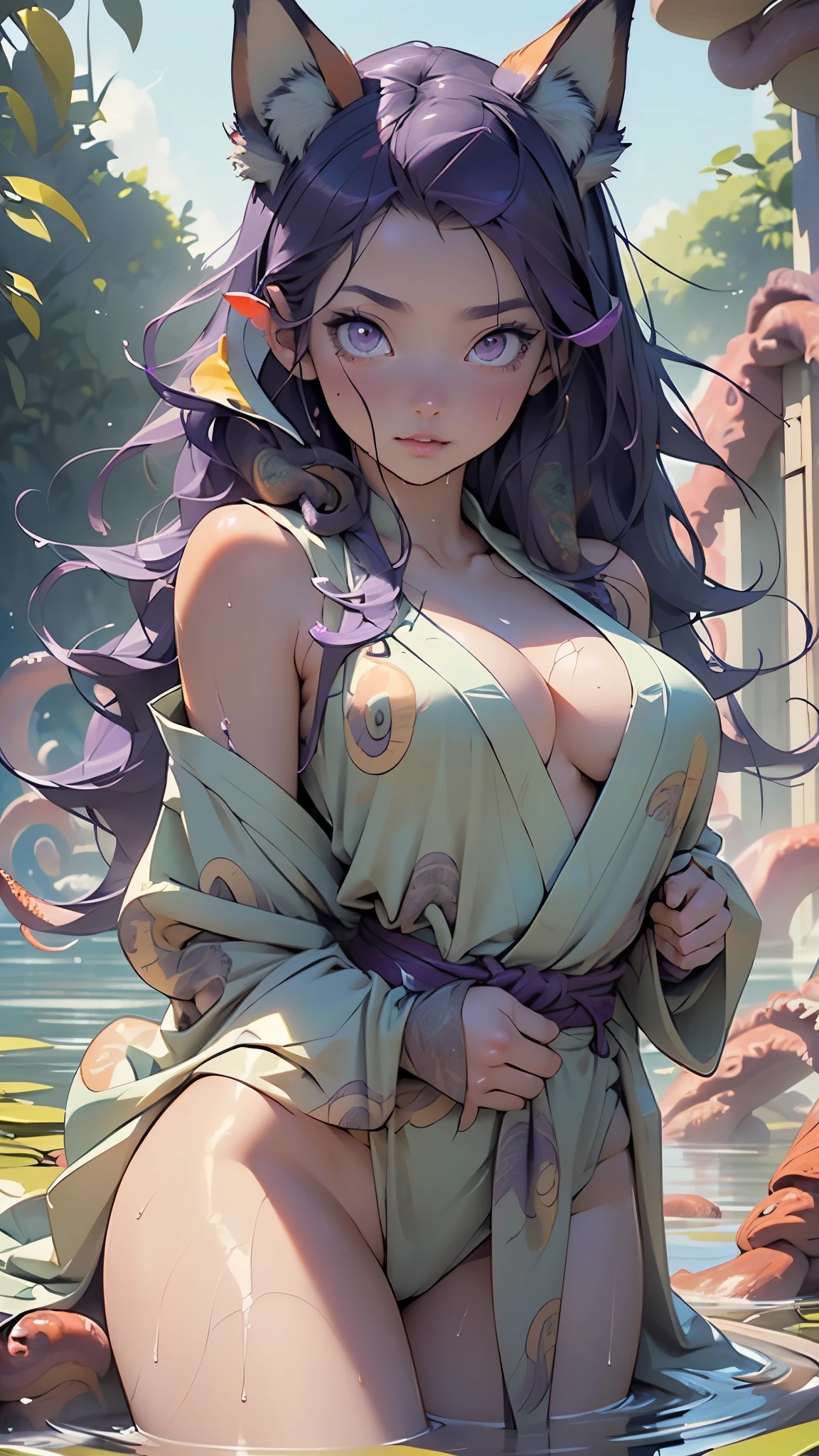 ((Kitsune)),Kitsune girl,1girl,((Fox ears:1.5)),(Kitsune girl covered by monster tentacles),

(large breasts:1.4),((((very long hair,purple long hair,purple messy hair,purple hair)))),(((purple_eyes:1.3))),intricate eyes,beautiful detailed eyes,big eyes:1.5,((((lustrous skin:1.5,tanned skin,bright skin: 1.5,skin tanned,shiny skin,very shiny skin,shiny body,Reflective skin,wet skin)))),(spider lower abdomen,narrow waist,wide hip,athletic body,inflated legs,thick thighs,(detailed face)),beautiful detailed lips,

cute,slutty,sensual,seductive look,seductive,((erotic)),((nsfw)),

((aqua kimono:1.2)),(kimono,half-naked kimono:1.5),clavicle,(cleavage:1.2),(((wet kimono))),
((Laying in water)),(((Tentacle monster in background:1.5))),((((tentacles wrapped around female:1.5)))),((((covered in tentacles:1.5)))),((((fully restrained by tentacles)))),

(sensual pose:1.3), looking at viewer,((accepted fate,no resisting,slight smile)),centered,scale to fit dimensions,Rule of thirds,

outdoors,(old Japan with cherry trees and a lake),scenery,extremely scenery,(landscape of old Japan with cherry trees and a lake in background),clouds,

(Glossy tentacle ornaments),highres,sharp focus,(ultra detailed,extremely detailed),(photorealistic artwork:1.37),(extremely detailed CG unity 8k wallpaper),(((vibrant colors,vibrant theme))),(intricate),(masterpiece),(best quality),artistic photography,(photography taken by sldr),(intricate background),perfect rendered face,perfect face details,realistic face,photo realistic,((intricate detail)),(((realism))),
