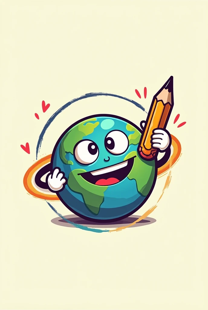 Smiling planet logo , cartoon type cuphead with a pencil making a colored stroke around him