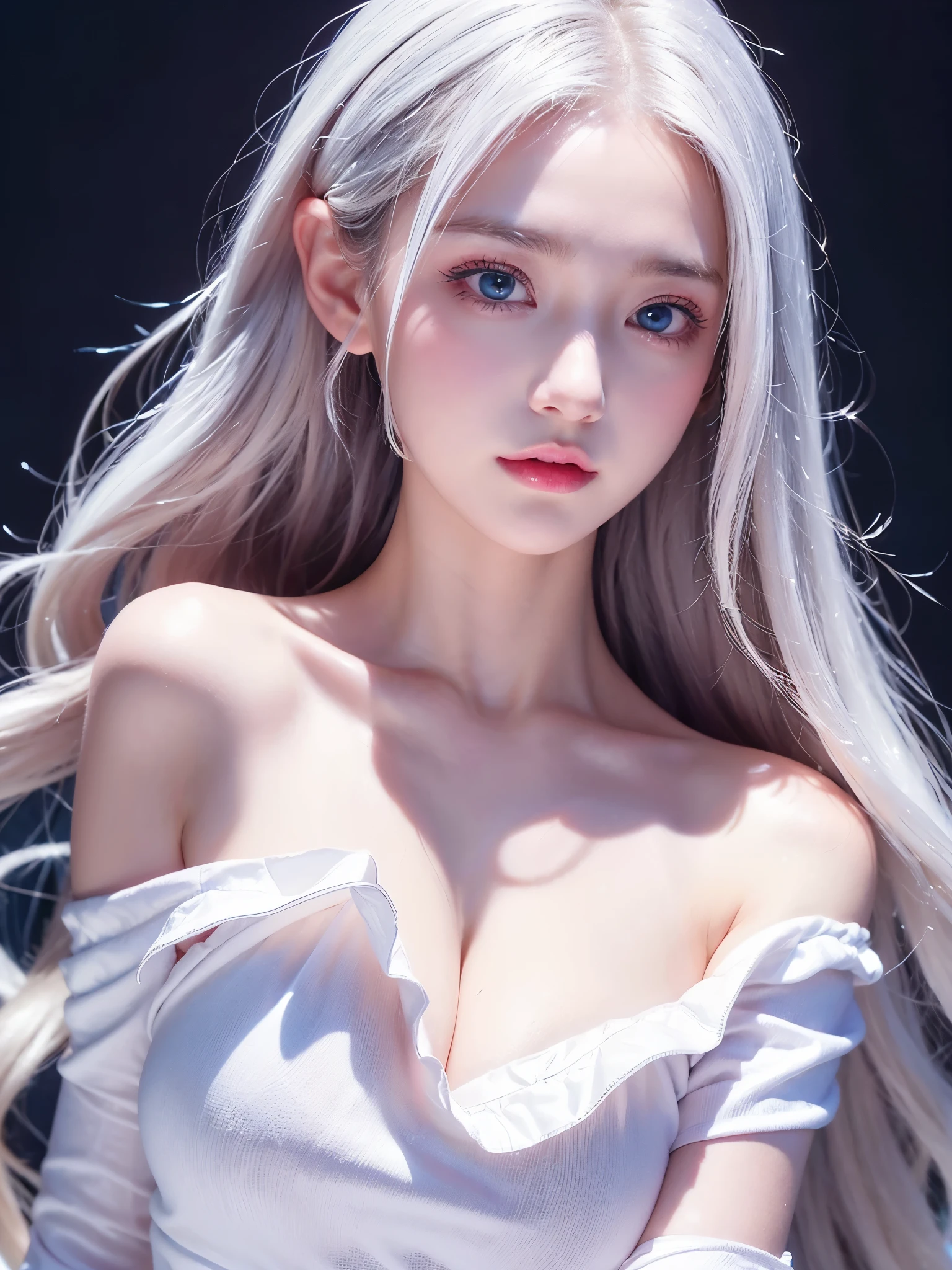 (((Big Breasts、blouse、Off the shoulder、one piece、White Background)))、amount、Northern Europe、Russia、beautiful girl、Platinum Blonde Hair、Straight Long Hair、Hitting the face and front of the eyes、Big Blue Eyes、Sheer white and wet nightgown、Northern Europeの若者、Perfect body、White tendon、Glowing Skin、Young and beautiful skin、A perfect and beautiful little face、Bright makeup、Pale pink lips、Bright expression、Girl、lipstick、Deceptive advertising、Audience'Vision、Golden Hour Lighting、Bokeh Atmosphere Perspective、detailed、Movie Light、複雑なdetailed、High resolution、 フェイスデザインのdetailedな特徴、Attention to detail、Clear focus、Smoothness、aesthetics、Printed、Octane、{{masterpiece}}