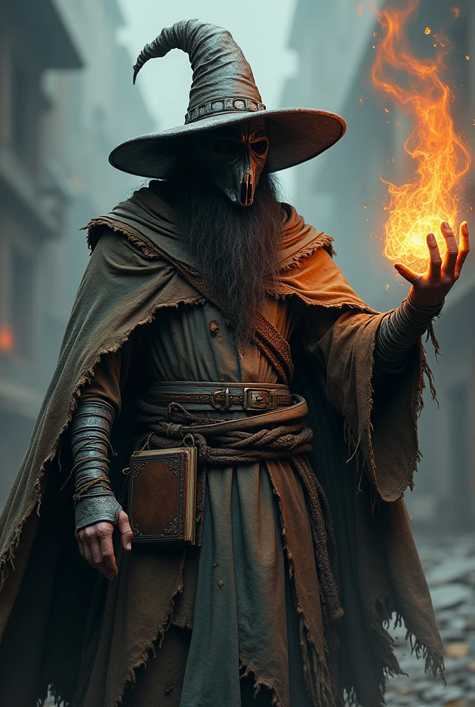 A weather wizard with worn-out clothes and his entire body bandaged, wears an iron mask to hide his face and a huge wizard's hat, he wears a very thick belt with a book at his waist and his wizard's cape is all torn