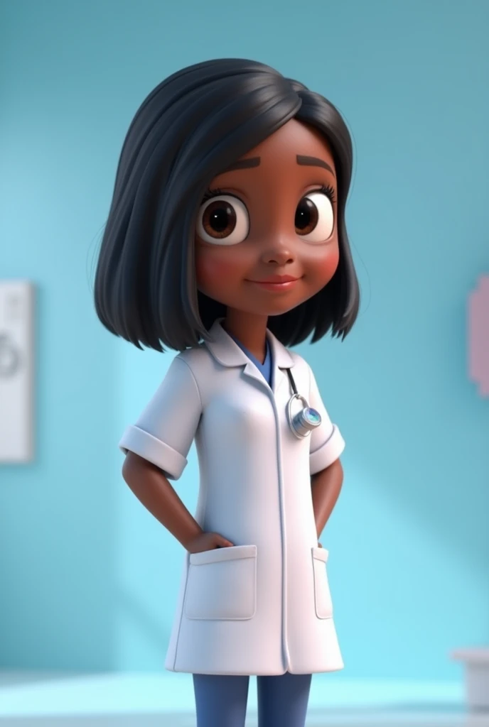 Animated Pixar image black skin doctor, black straight hair, short medical gown