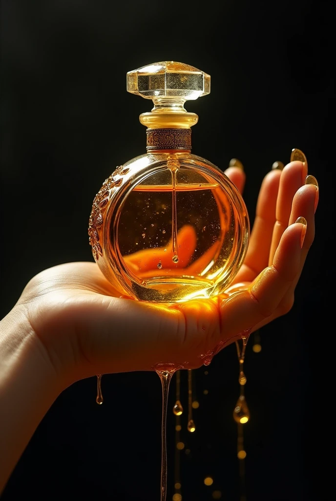 hand bathed in lots of honey holding an elegant perfume in dark tones