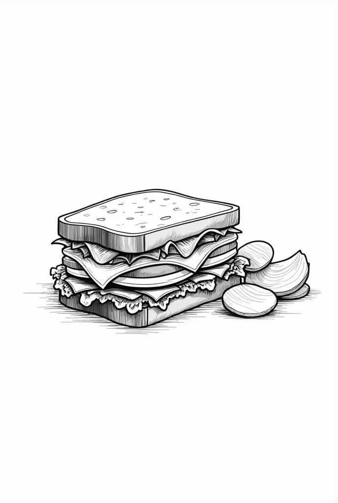 Best Quality, High resolution, masterpiece:1.2, ultra detailed, realist :1.37. , White background, monochrome, Line drawing, Sketch., Make sure the lines are clear and well defined for easy coloring.. A detailed sandwich cut in half showing layers of lettuce, tomatoes, cheese, too, and mustard, with a side of potato chips