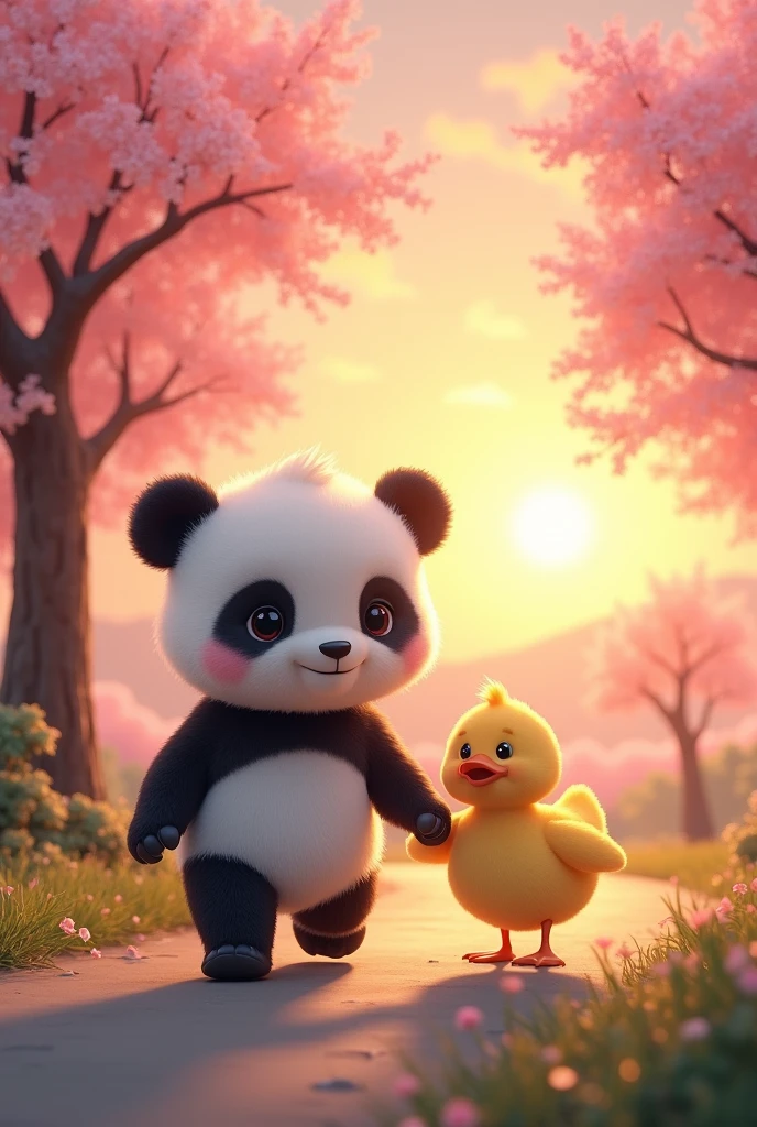 A Panda and a Duck, walking in korea among the cherry trees at sunset