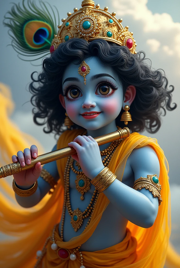 "Depict Lord Krishna as described in the Bhagavata Purana. He should have a dark, cloud-like complexion with skin that appears blue-black, radiating a divine aura. His eyes are large, lotus-like, and filled with compassion, slightly elongated to give a mesmerizing appearance. His long, curly hair should be jet black, adorned with a prominent peacock feather. He is wearing bright yellow silk garments that flow gracefully around him, contrasting beautifully with his dark complexion. Krishna should be adorned with various divine ornaments, including a crown set with precious gems and armlets. His crown should also feature a peacock feather prominently. He holds a flute in his hand, symbolizing his connection with music and his enchanting presence. His expression should be joyful and serene, with a sweet, captivating smile that radiates love and warmth. The background should be ethereal, perhaps with soft clouds or a gentle natural setting that enhances his divine nature."