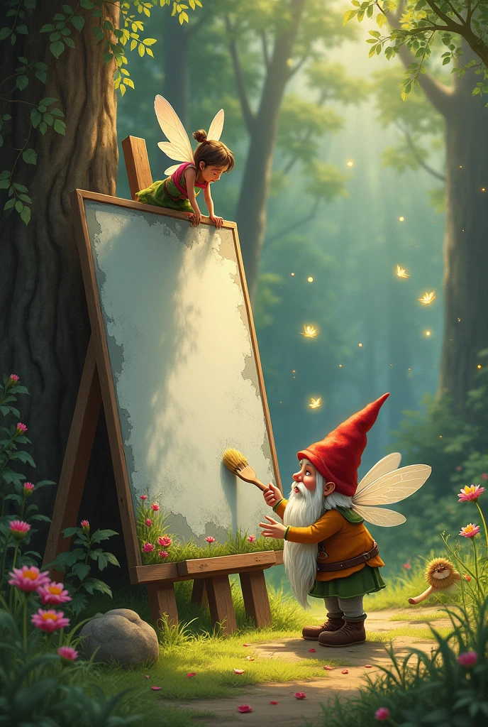 Create an image where you see a forest, a fairy and a gnome who are cleaning a gray painting in the fairytale forest.
