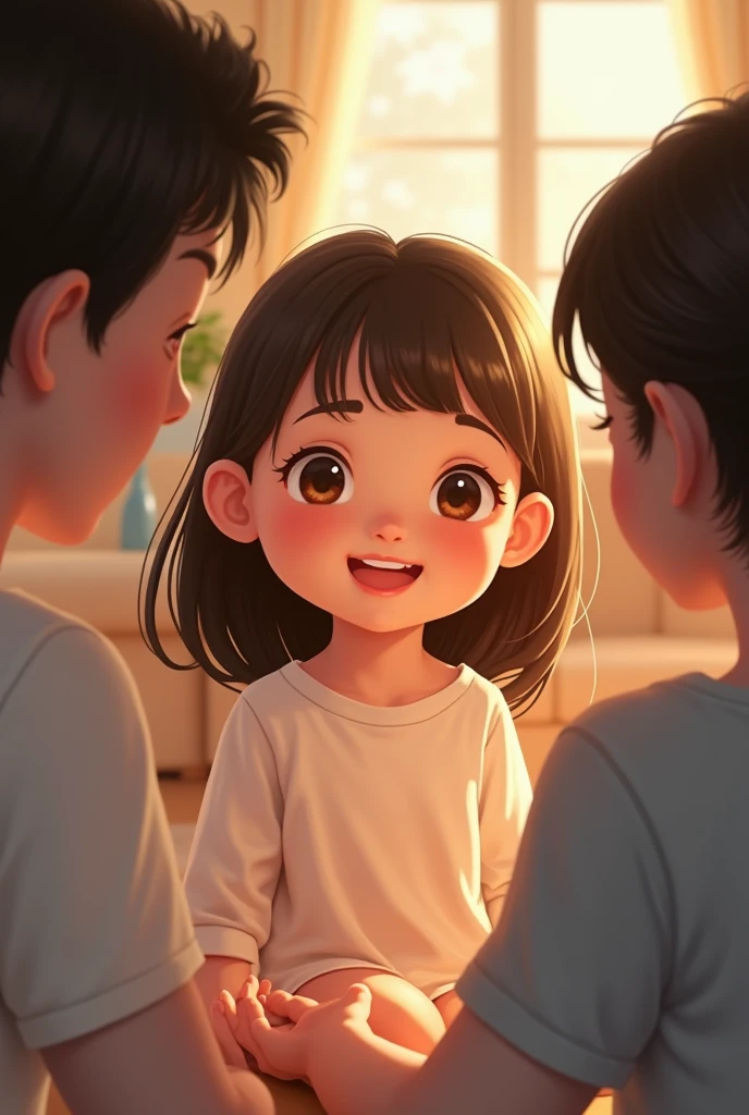 GENERATE A DRAWING OF A 4-YEAR-OLD GIRL USING NICE WORDS, no shouting IN CONVERSATIONS WITH YOUR PARENTS INSIDE MY HOUSE THE IMAGE IS HORIZONTAL