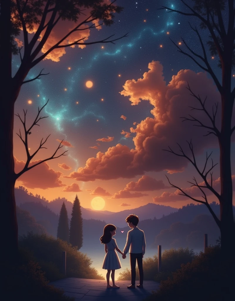 (((The night sky should be filled with shining constellations, Create a dark and mysterious atmosphere, A sky full of bright stars))),Picture of an animated couple,night,(Starry sky:1.5),(Bright stars:1.5),Female figure in a picturesque garden,Male figure in a cozy private room,Have lively chats via universal messaging apps,This picture should be lovely,Charming charm,Couples having a pleasant conversation in their respective locations