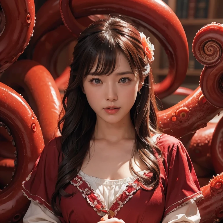 Medium Size Display, Medium Shot, Written boundary depth, bust, Upper Body, Movie angle, masterpiece, Highest quality, Very detailed, CG, 32k wallpapers, Beautiful Face, Delicate eyes, Otome, alone, smile, bangs, skirt, shirt, have, Crimson Dress, bow, petal, bouquet、Tentacles all around、woman with tentacles、Octopus、open mouth,eating