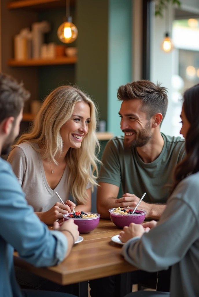 Realistic man and wife 25-35 years old, At the acai shop ,blonde hair eating acai , with friends Ultra HD, high qualiy, best qualityer, high resolution, 8k, 16K
