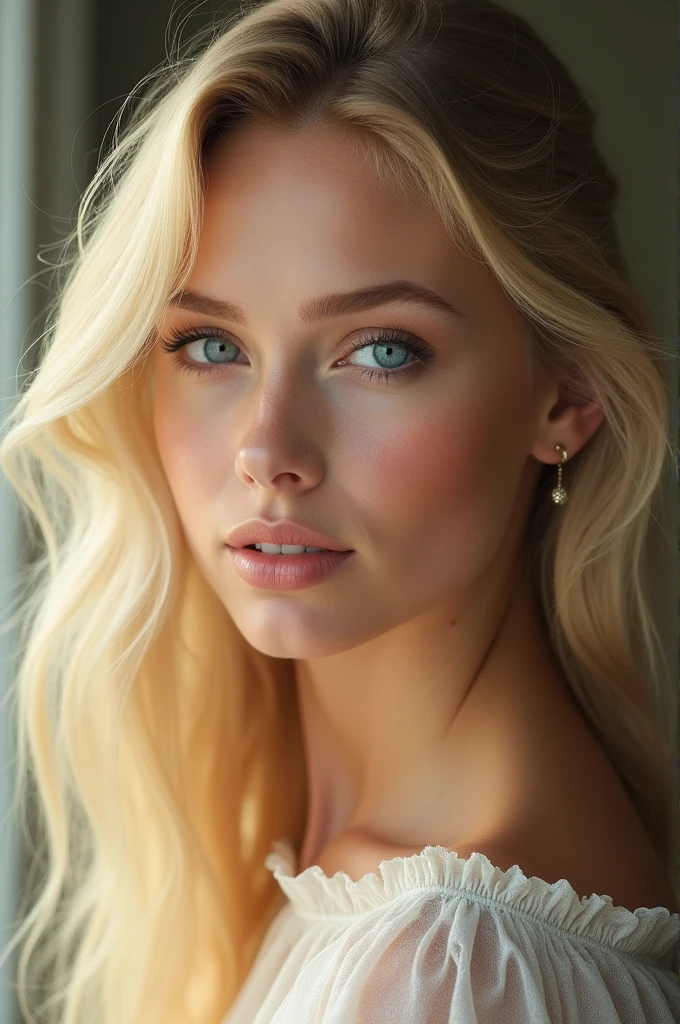 Portrait of a blonde woman with blond hair and blue eyes. Very pretty.