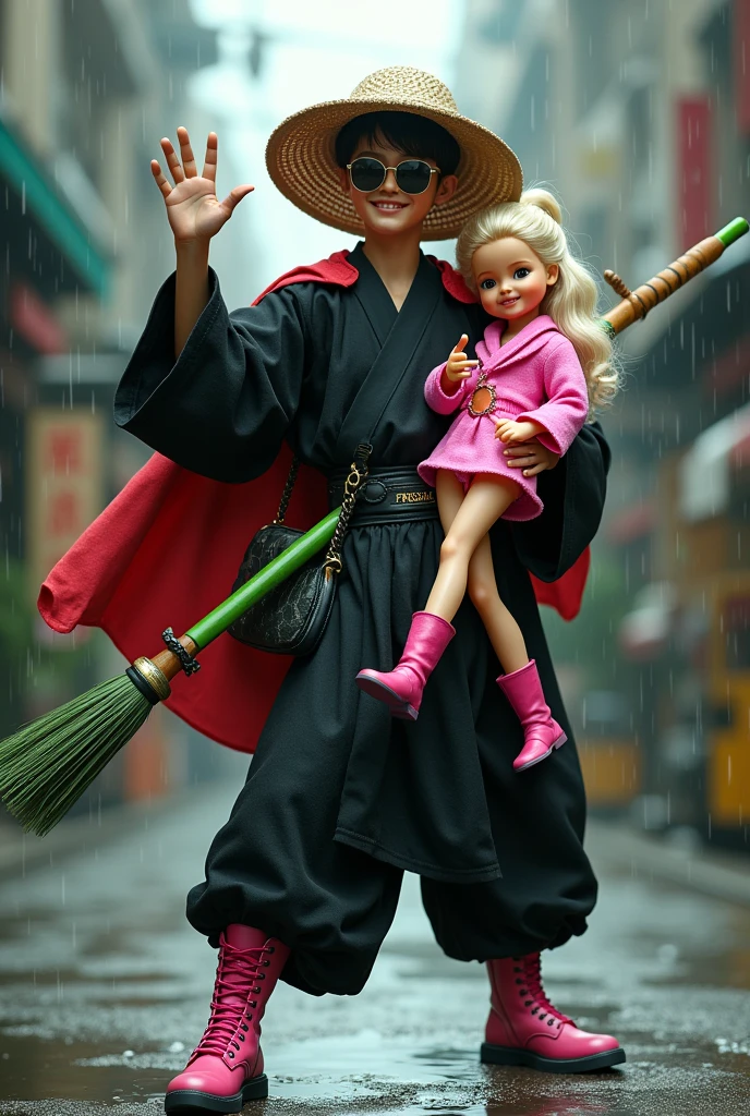 male kong fu fighter in black kimono in the rain holding a green destiny sword in the other hand a broom with straw hat and pink boots, with a prada bag, red cloak, Grinning, waving goodbye with sunglasses hugging barbie