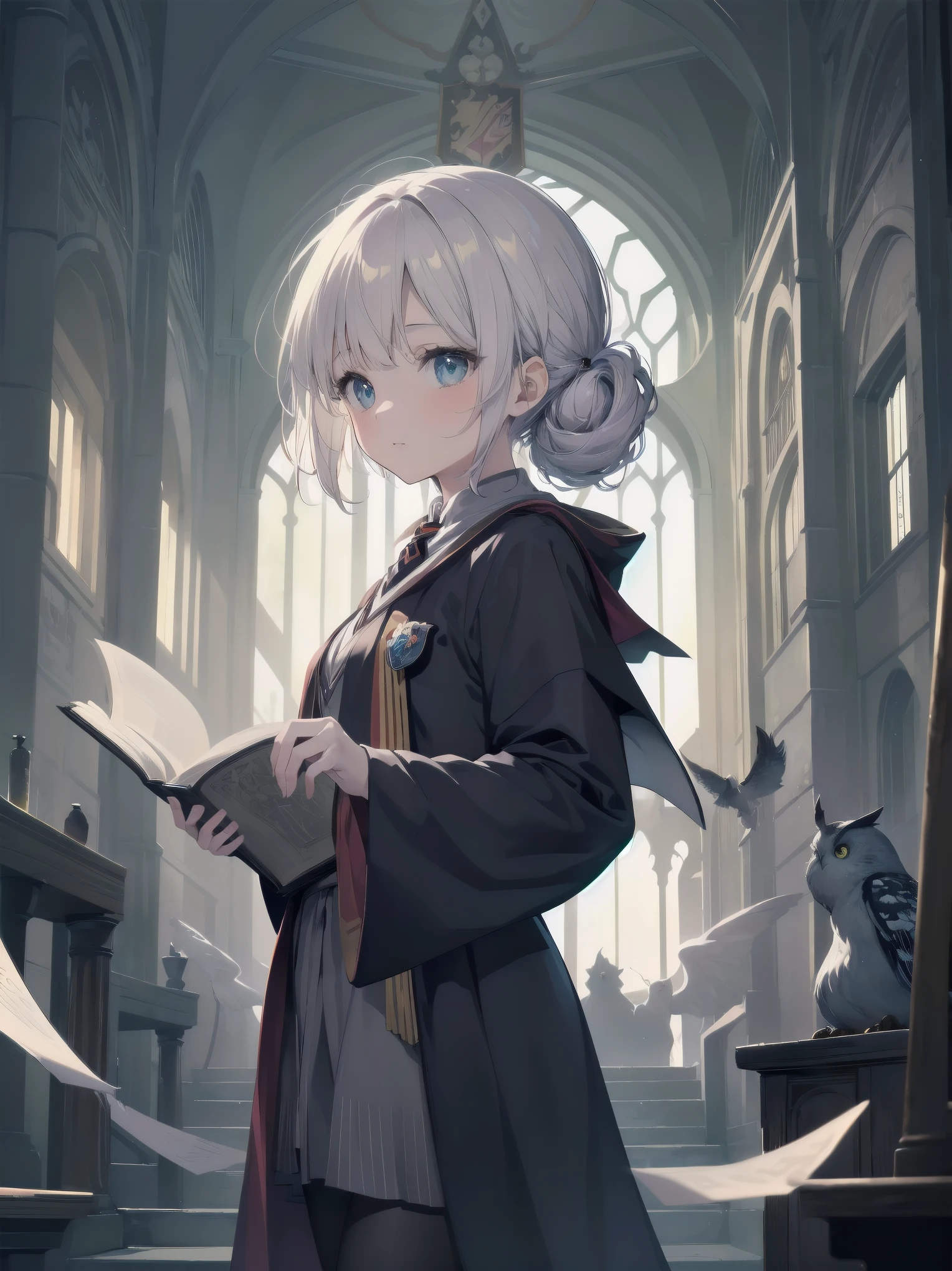 Masterpiece, Top Quality, Absurd, High Resolution, Subject Seismic, Animation Style Illustration with Mock Pause, 1 Girl, Solo, Cute random hairstyle, beautiful random expression and face, random age, slender, random clothing for situation,wizard robes, wand, magical castle, owl, spell book, (Hogwarts: 1.2), magic, wonder, (Harry Potter inspired: 1.3), mysterious atmosphere, details