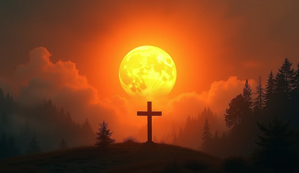 Generate images of South American and European nature, add dark tones to the images, and a beautiful strong orange sun, focus on the sun in the images with an air of hope and faith... Size 16:9 thumbnail style, when you can fit it add a cross wood in the background in the images. research before you start, and reflect and three.