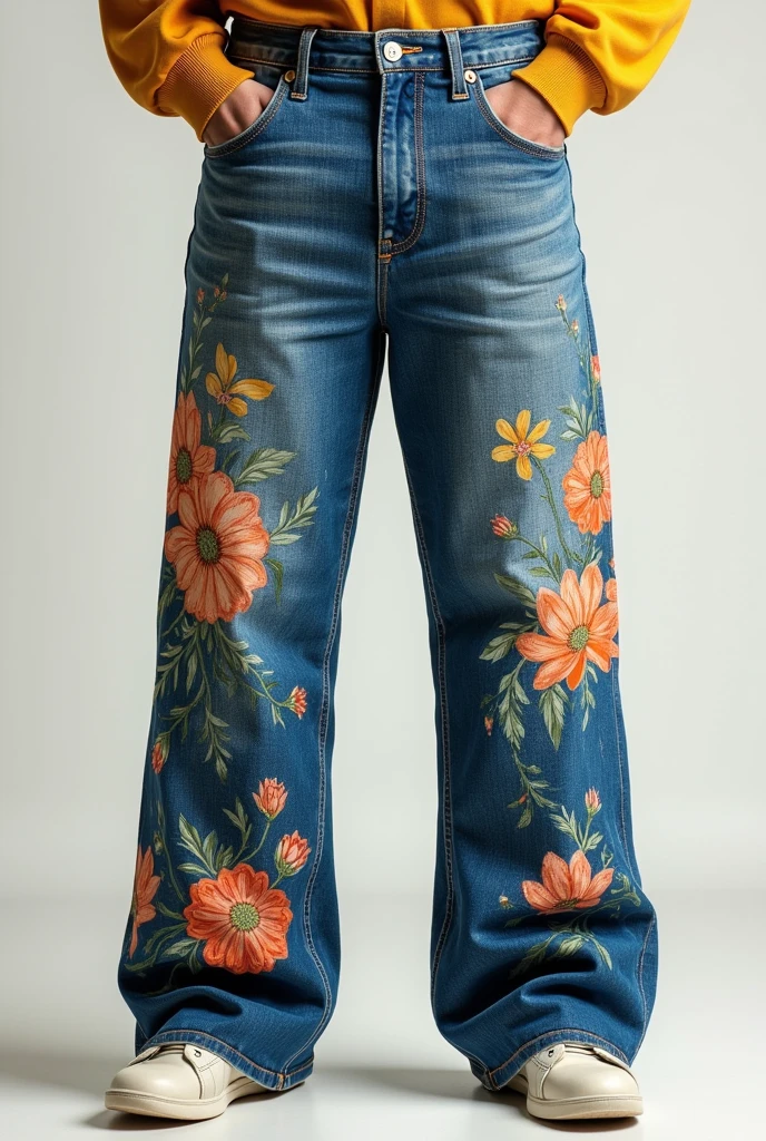 a model of baggy men's jeans, very wide, with flowers printed like Van Gogh's almond blossom, showing only the pants