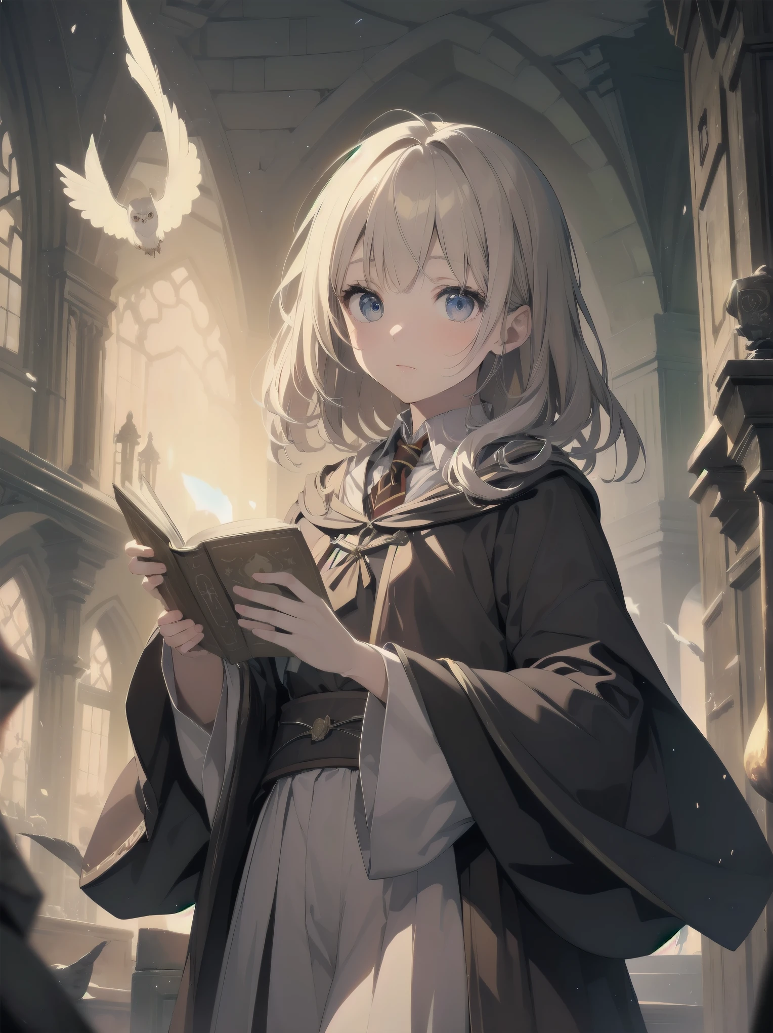 Masterpiece, Top Quality, Absurd, High Resolution, Subject Seismic, Animation Style Illustration with Mock Pause, 1 Girl, Solo, Cute random hairstyle, beautiful random expression and face, random age, slender, random clothing for situation,wizard robes, wand, magical castle, owl, spell book, (Hogwarts: 1.2), magic, wonder, (Harry Potter inspired: 1.3), mysterious atmosphere, details