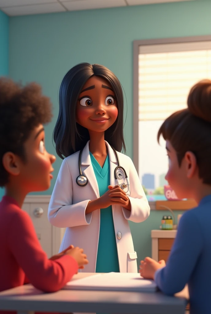 Animated Pixar image black skin doctor, black straight hair, medical gown stethoscope attending patients