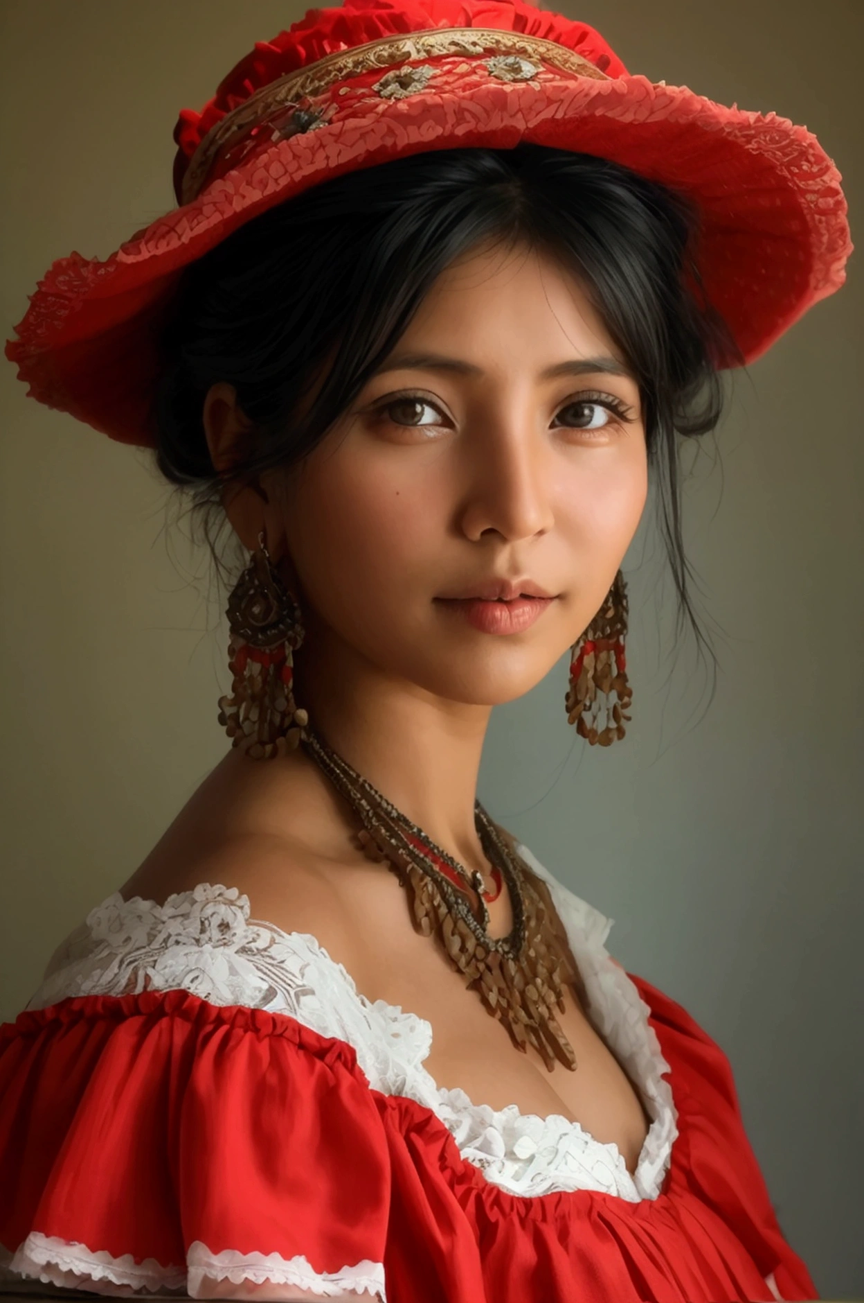 Woman from Tarija Bolivia, with medium breasts and large hips, in red dress