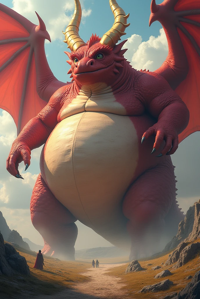 He is a red dragon and he is cool and he has golden horns and wings with hands and he is the tallest and very obese dragon in the world and he is fat and his belly is so heavy that it touches the ground and he is very heavy and his size is bigger than a country and he is fat and he has wings and he uses various magic and he is fatter and his facial features are so thick and he is fat and huge and he uses various magic to make him fatter!!!! The stomach swells up several times!!! The belly is bigger than the body, the belly touches the ground, and the body is long.