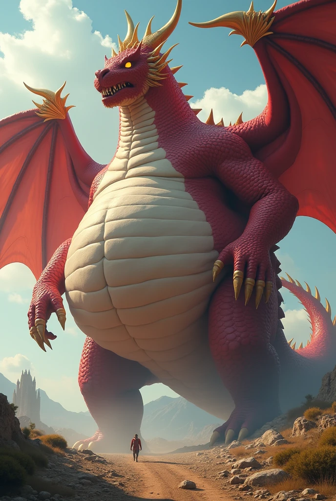 He is a red dragon and he is cool and he has golden horns and wings with hands and he is the tallest and very obese dragon in the world and he is fat and his belly is so heavy that it touches the ground and he is very heavy and his size is bigger than a country and he is fat and he has wings and he uses various magic and he is fatter and his facial features are so thick and he is fat and huge and he uses various magic to make him fatter!!!! The stomach swells up several times!!! The belly is bigger than the body, the belly touches the ground, and the body is long.