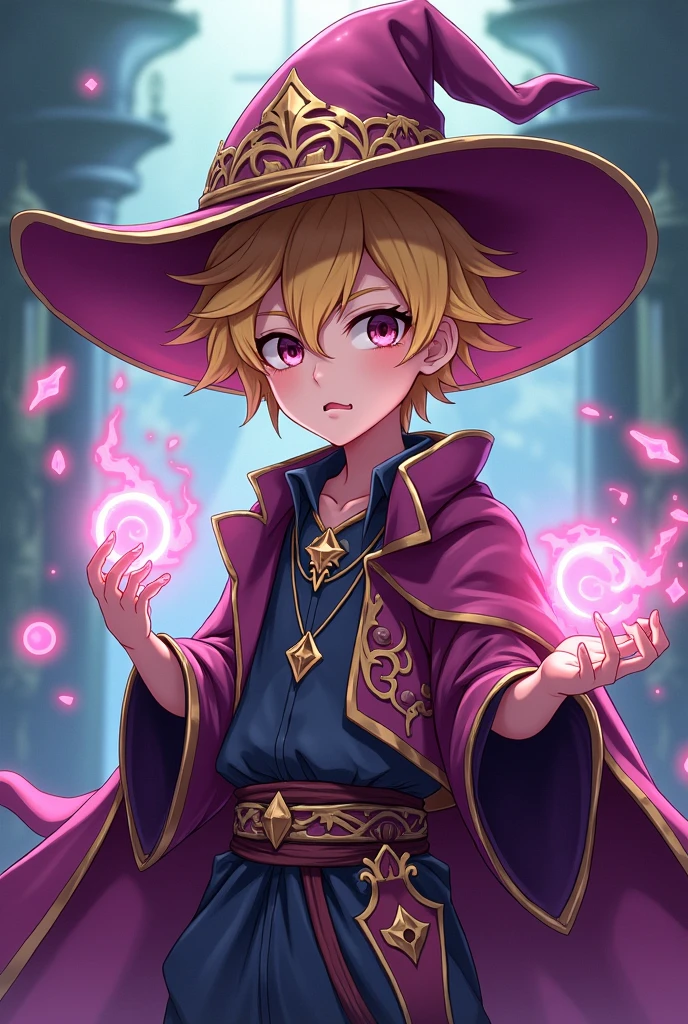 Young blonde anime male wizard with hat short hair shaved on the side