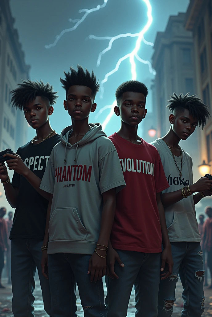 4 age boys,all 4 boys black skin, all wearing black skin jeans,one boy with a black t-shirt written ASPECT on it ,one boy in a grey hoodie written PHANTOM on it ,one boy with a red t-shirt written VANDA on it,one boy with a white vest written EVOLUTION on it,all boys with different hair styles ,a dark back ground with lightening and zombies walking around, each one holding game controllers,