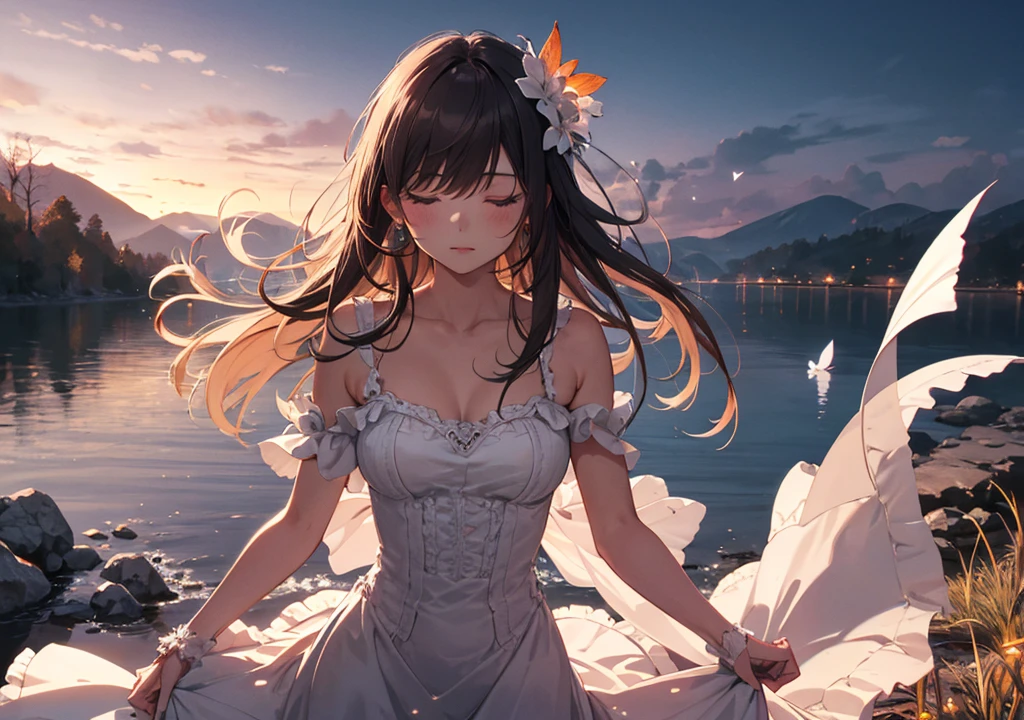 Realistic photos, Focus distance 10mm, Red and white, Beautiful girl, Realistic photos, Shooting at focus distance 10mm, masterpiece, 最high quality, high quality, Very detailed CG 8k wallpaper unit, Award-winning photography, Depth of written boundary, High resolution, bloom, chromatic aberration, Realistic, Very detailed, Art Station Trends, CGsociety Trends, Complex, High detail, dramatic, Art on the go, volumetric lighting, A beautiful girl, resembling Cinderella, is meditating on a rock by the lake. With her eyes closed, the hem of her dress fluttering in the wind, surrounded by the calm lake and a sunset. In the background, a castle can be seen in the distance